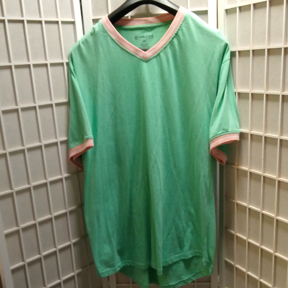 Big And Tall Revolution Mint Green V-Neck Tee with Pink Trim